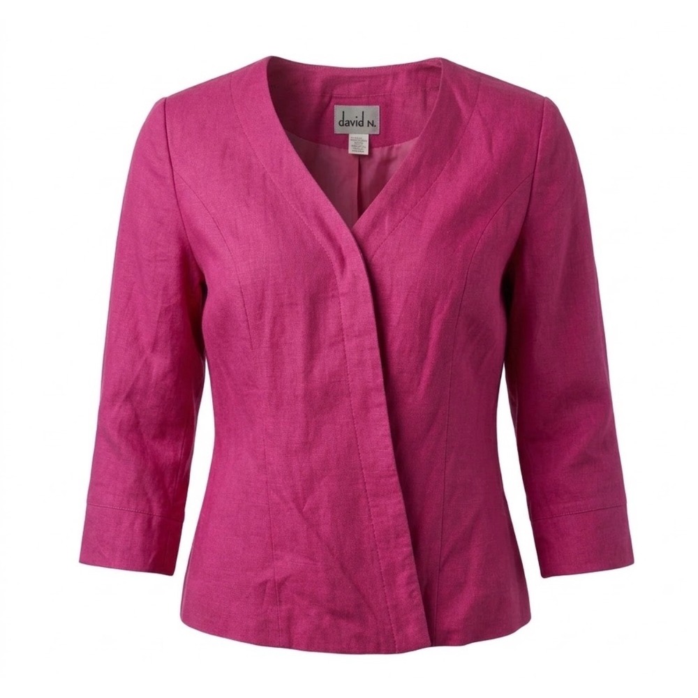 VTG Y2K Hot Pink Linen Blend Collarless Blazer 3/4 Sleeve Jacket Style Career s4